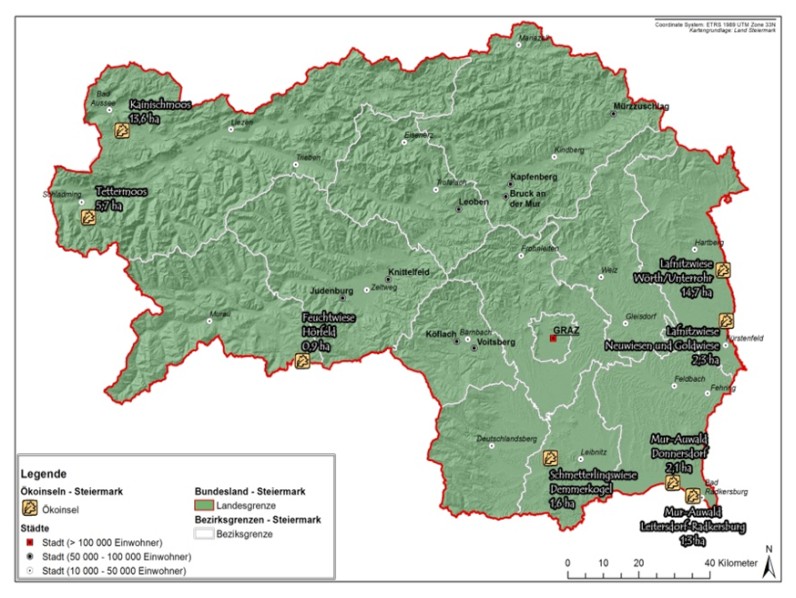 Lage der Öko-Inseln, die im Projekt bearbeitet werden. Grafik: P. Zimmermann Lage der Öko-Inseln, die im Projekt bearbeitet werden. Grafik: P. Zimmermann