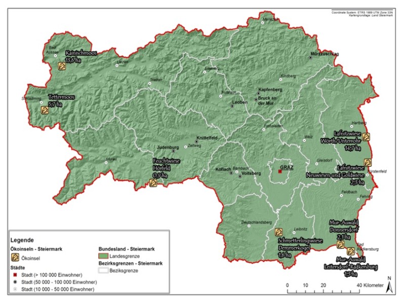 Lage der Öko-Inseln, die im Projekt bearbeitet werden. Grafik: P. Zimmermann